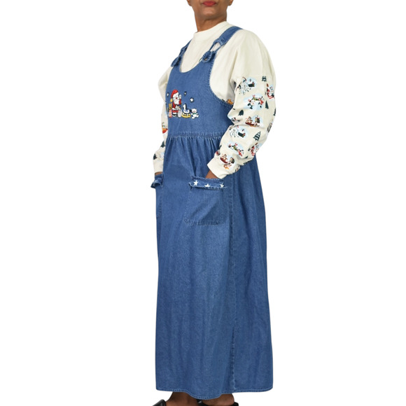 Vintage Christmas Dress Blue Jean Pinafore Bib Overall Jumper Santa Maxi Small - Picture 10 of 13